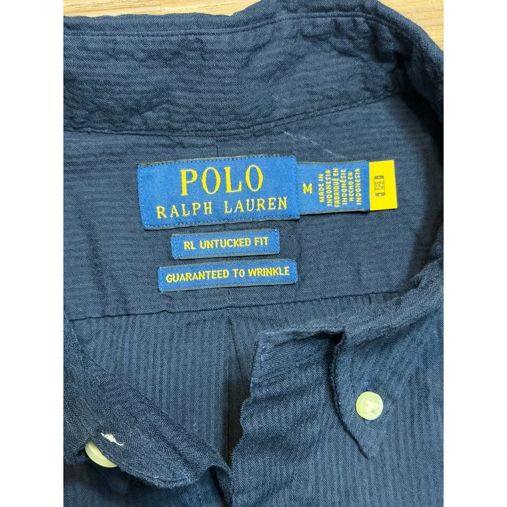 Polo Ralph Lauren Mens Navy Seersucker Short Sleeve Untucked Fit Shirt Sz M